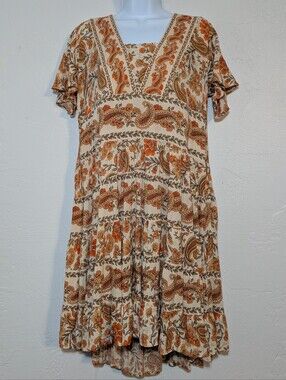Orange Boho Paisley Tiered Flowy Summer Dress Lightweight Breathable Festival
